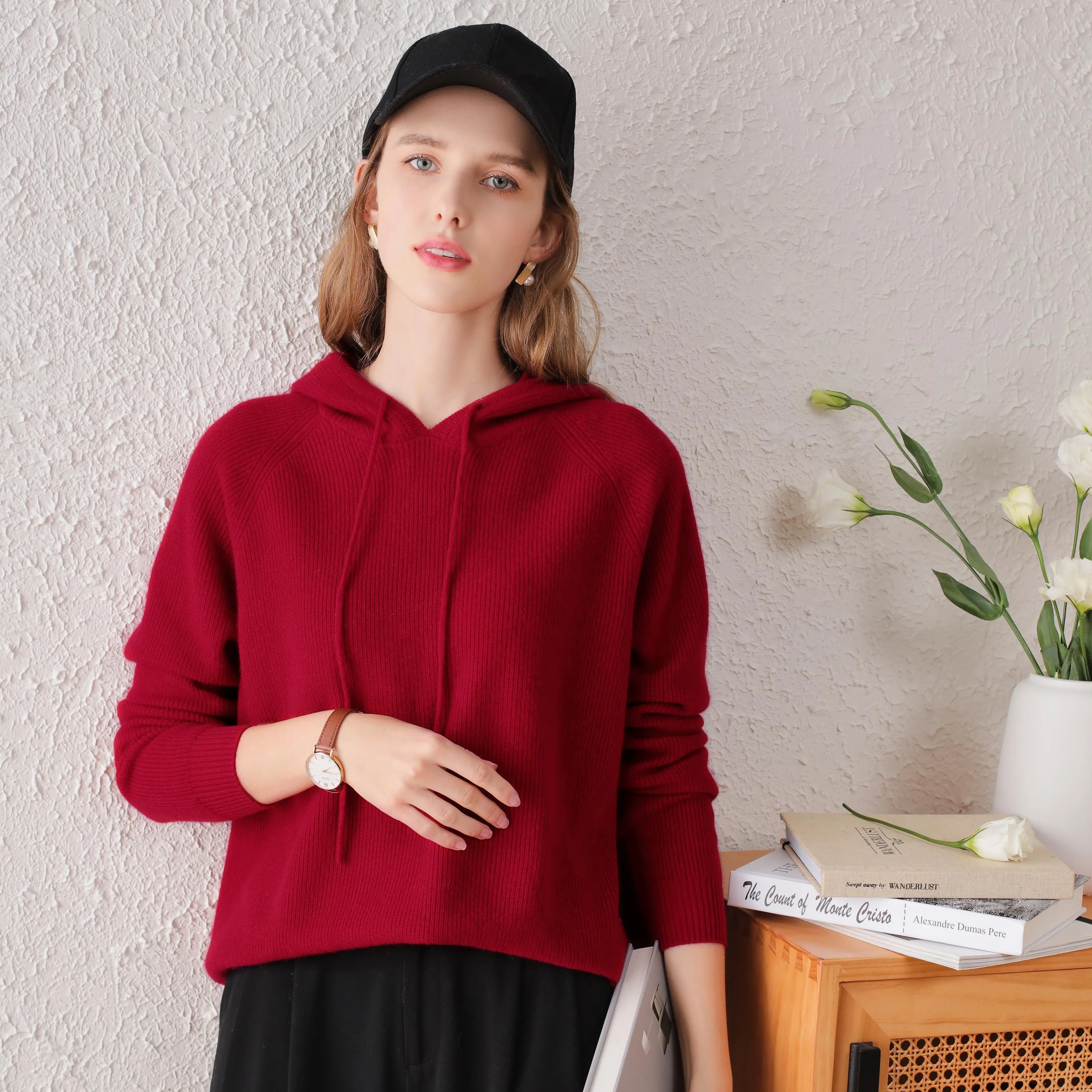 100% Cashmere Solid Color Knitted Sweater Hoodie