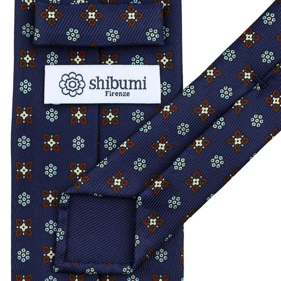 50oz Floral Printed Silk Tie - Navy - Hand-Rolled