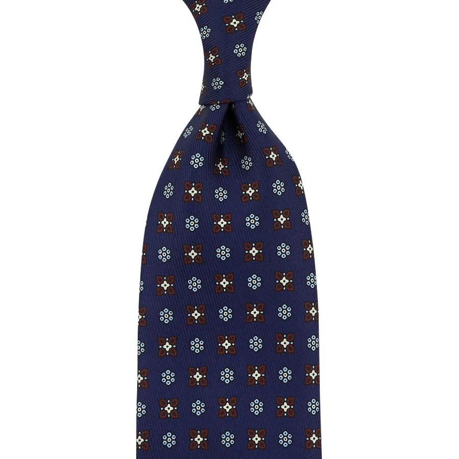 50oz Floral Printed Silk Tie - Navy - Hand-Rolled