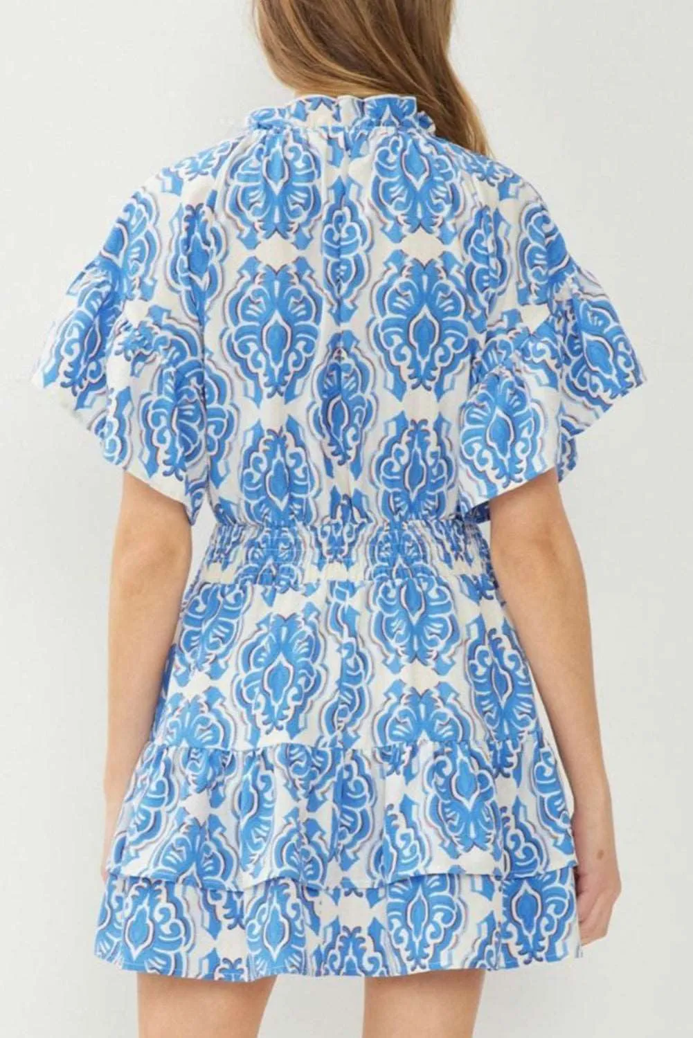 Ashleigh Blue Abstract Print Smocked Waist Tiered Mini Dress