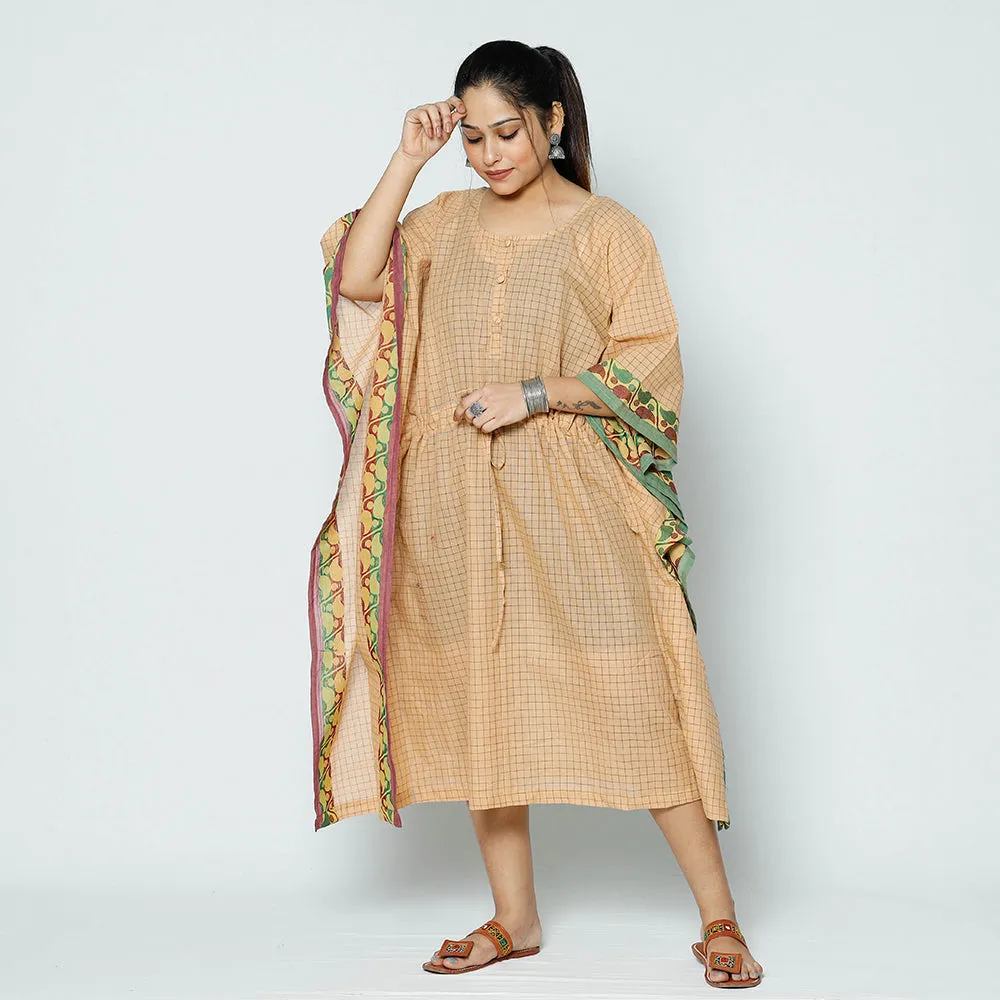 Beige - Kanchipuram Checks Cotton Kaftan with Tie-Up Waist (Medium)