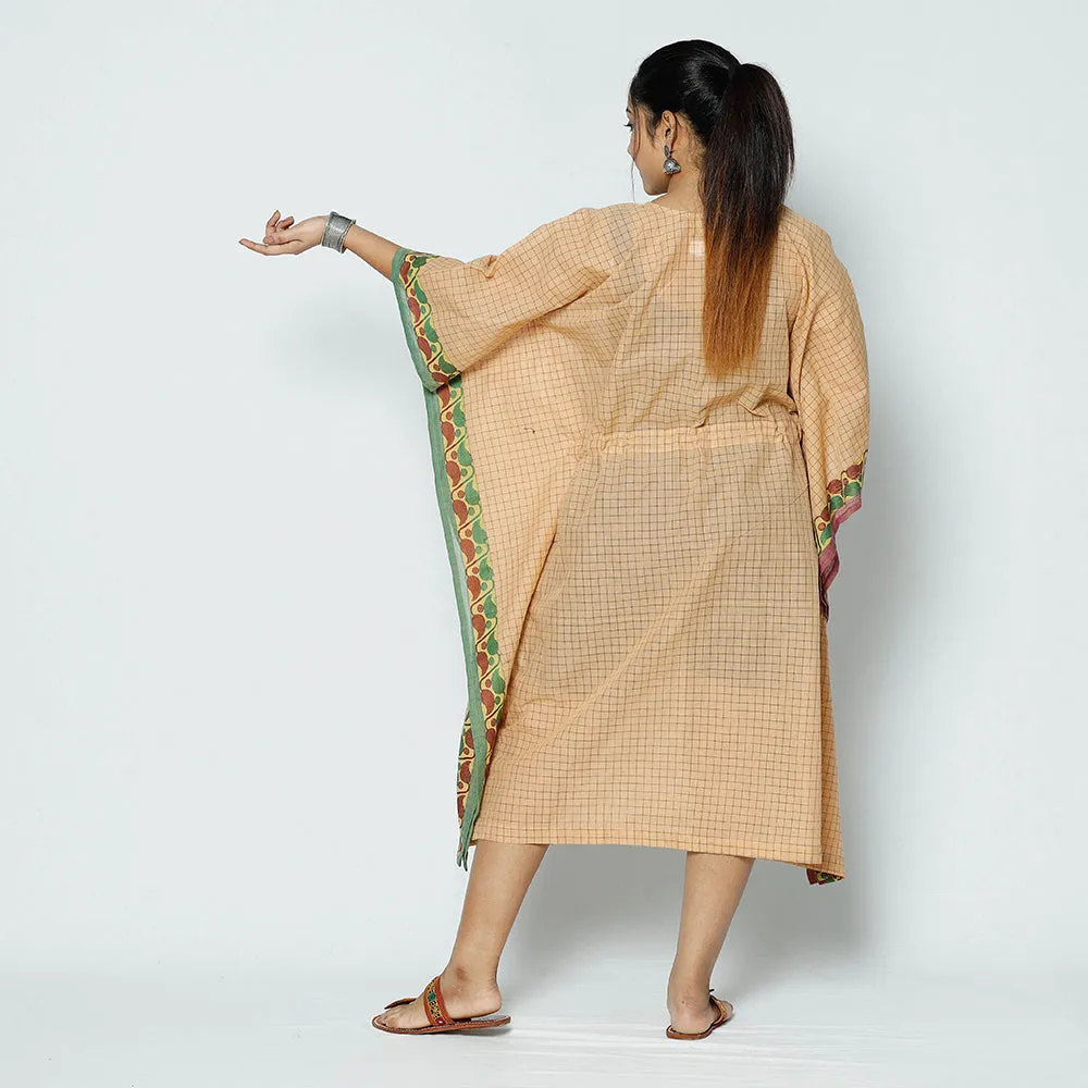 Beige - Kanchipuram Checks Cotton Kaftan with Tie-Up Waist (Medium)