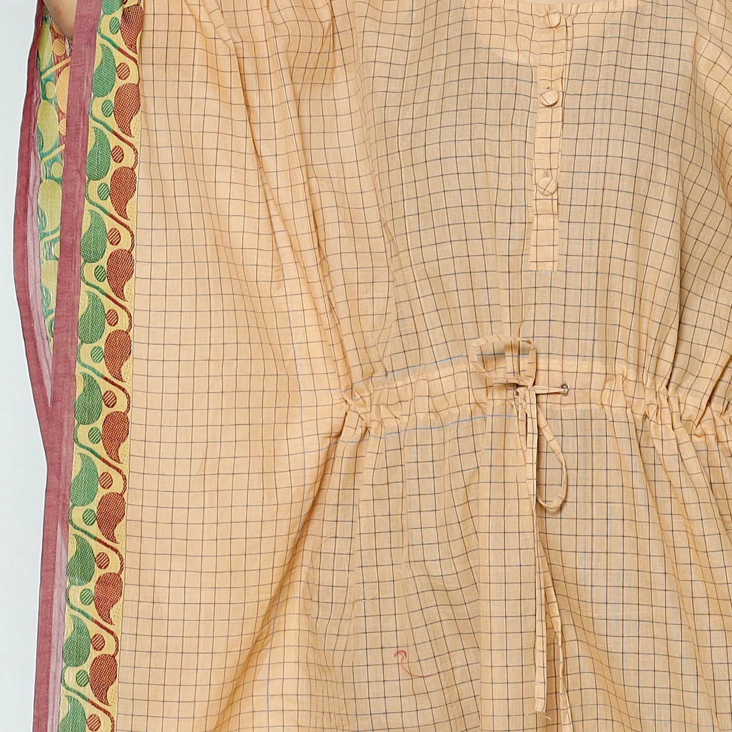 Beige - Kanchipuram Checks Cotton Kaftan with Tie-Up Waist (Medium)