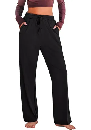 Black  Women's Casual Elastic Waist Full Length Relaxed Fit Stretch Wide Leg Pants Side Pocket