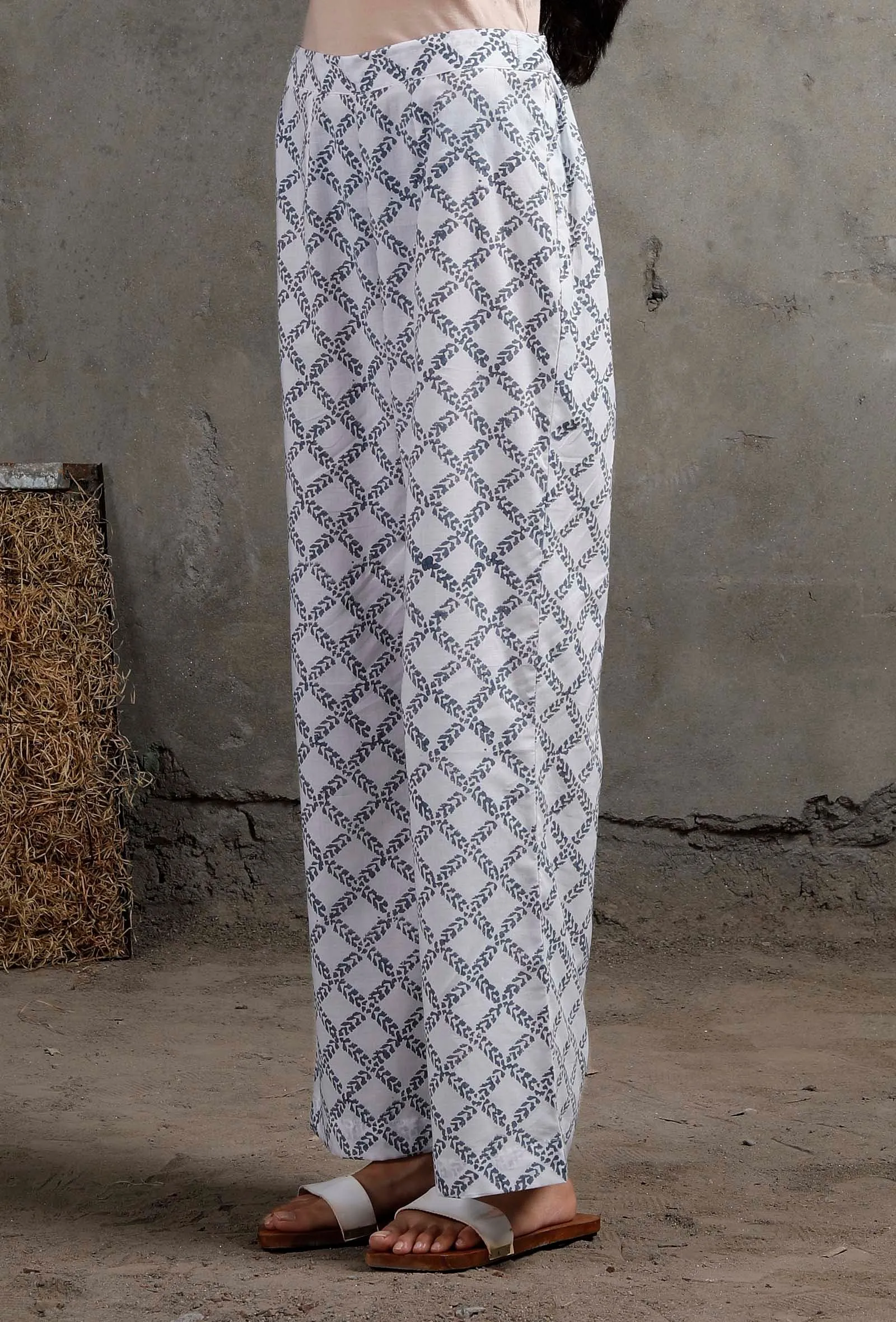 Blue And White Block Printed Cotton Palazzos