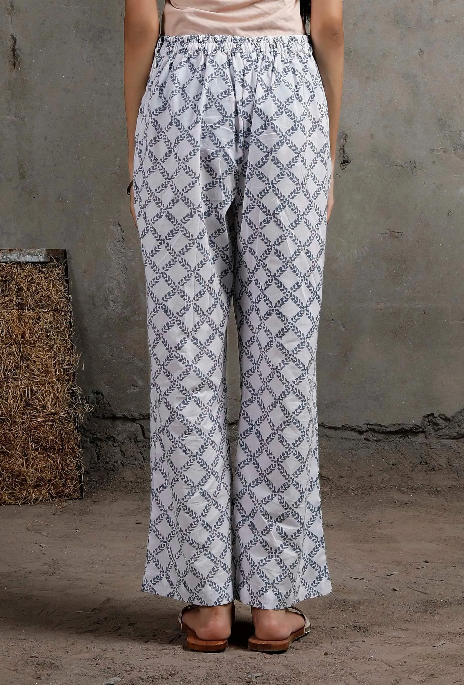 Blue And White Block Printed Cotton Palazzos