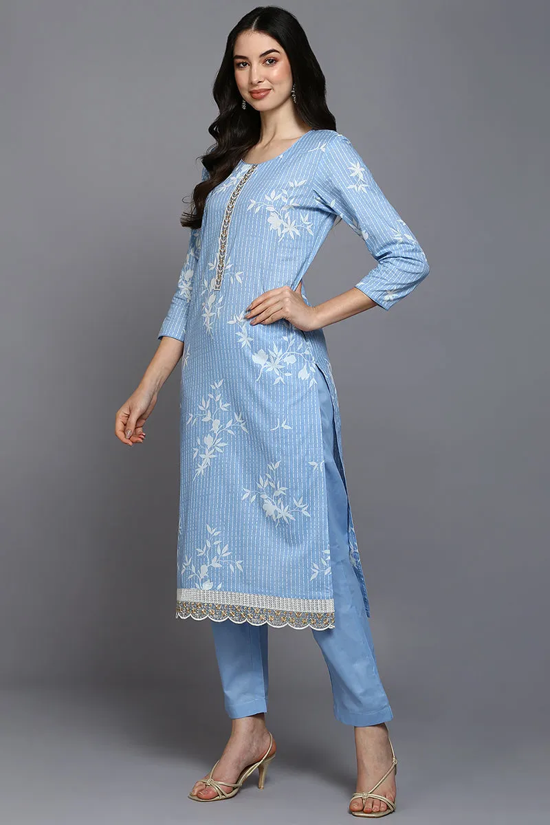 Blue Cotton Blend Ethnic Motifs Straight Suit Set