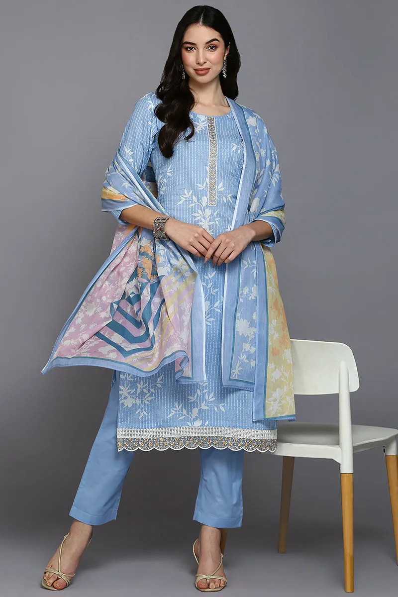 Blue Cotton Blend Ethnic Motifs Straight Suit Set