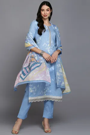 Blue Cotton Blend Ethnic Motifs Straight Suit Set