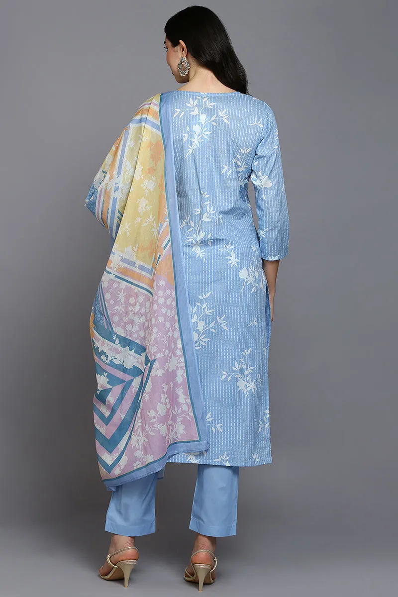 Blue Cotton Blend Ethnic Motifs Straight Suit Set