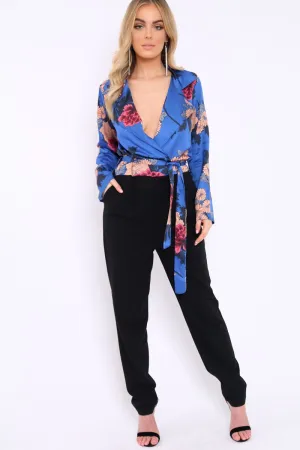 Blue Floral Plunge Satin Wrap Front Jumpsuit - Talulah