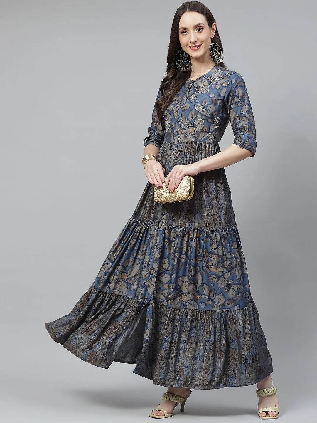 Blue Muslin Tiered With Gathered Kurta With Front Slits