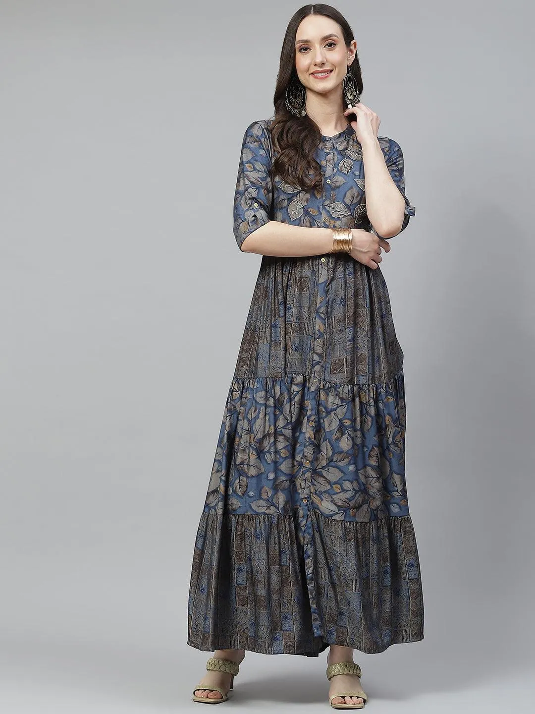 Blue Muslin Tiered With Gathered Kurta With Front Slits