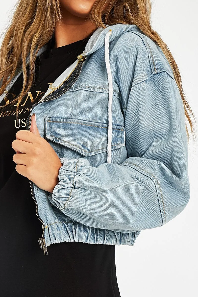 Blue Wash Hooded Cropped Denim Jacket - Madison