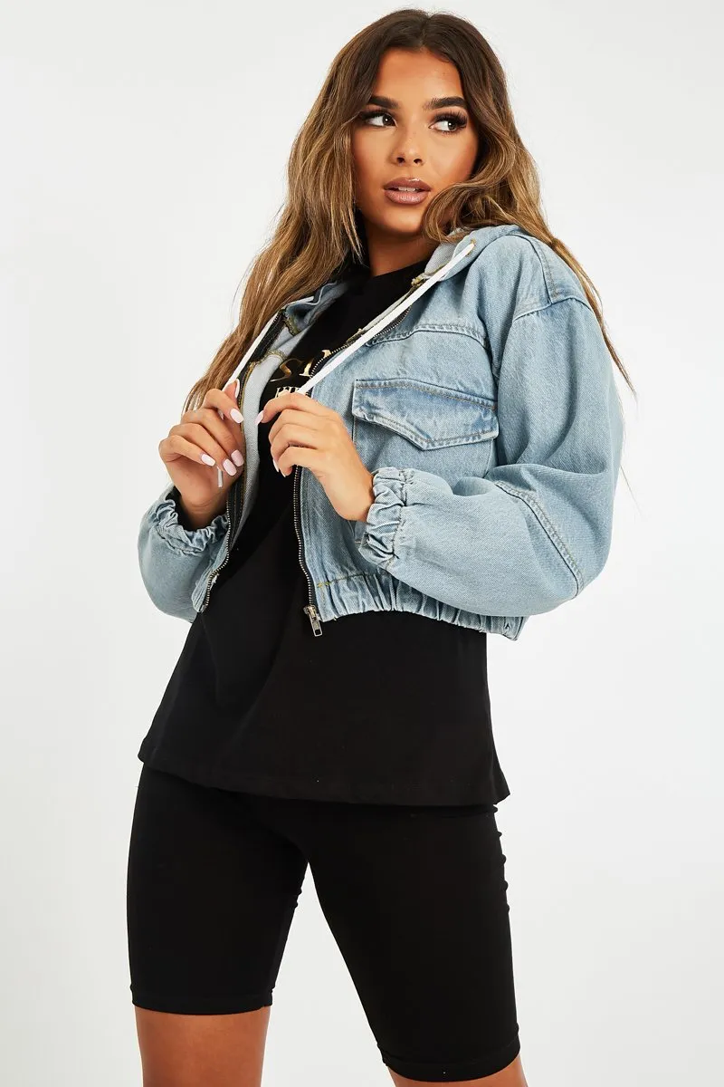 Blue Wash Hooded Cropped Denim Jacket - Madison