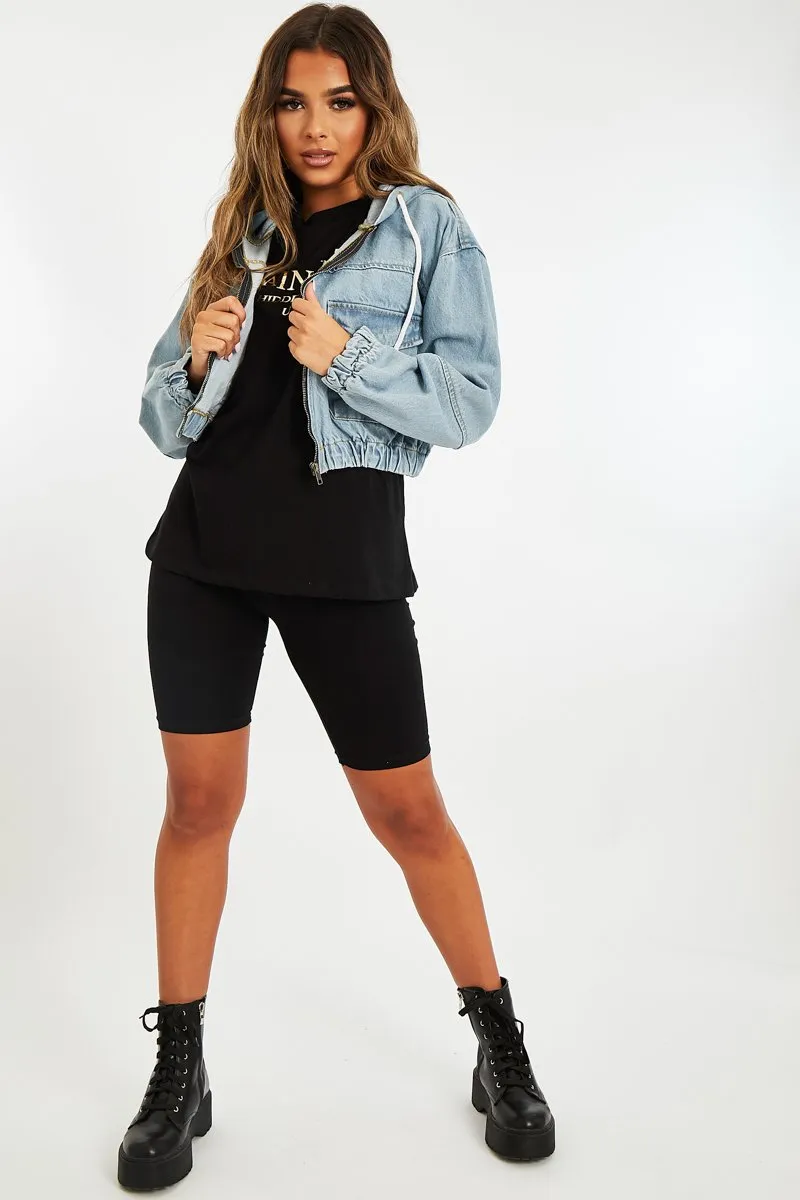 Blue Wash Hooded Cropped Denim Jacket - Madison