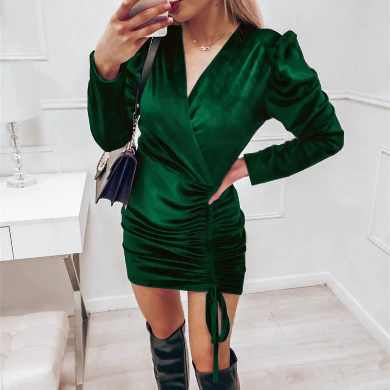 Bubble Sleeves Bodycon Tight Drawstring Solid Color Dress Sexy Wholesale Clothing