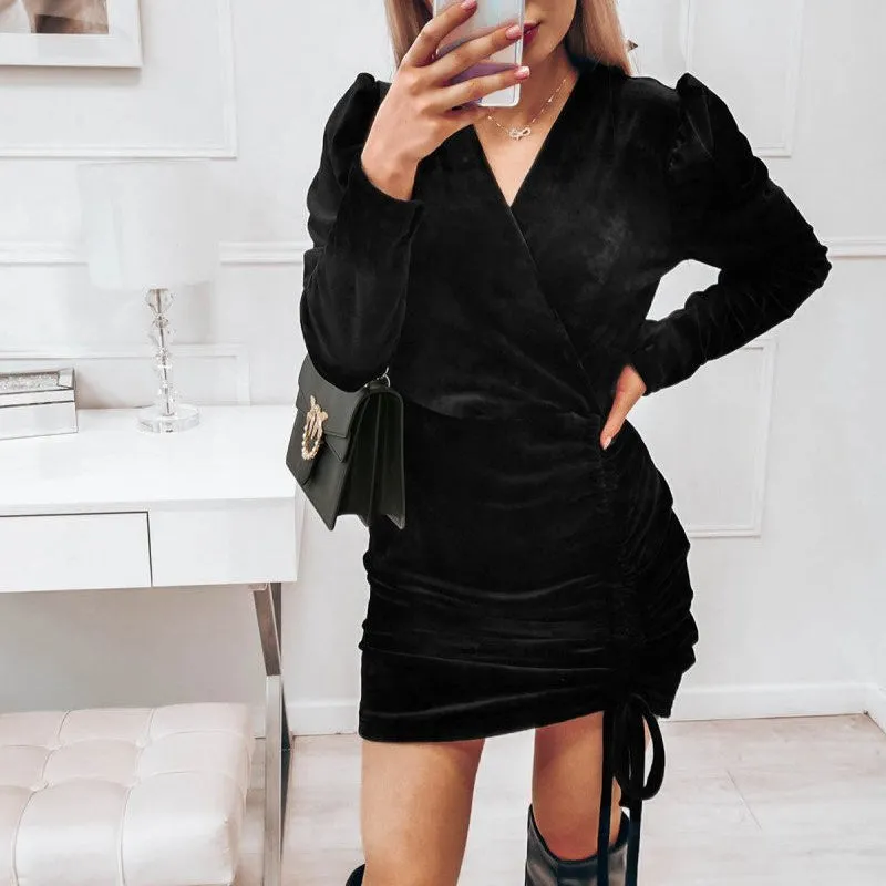 Bubble Sleeves Bodycon Tight Drawstring Solid Color Dress Sexy Wholesale Clothing