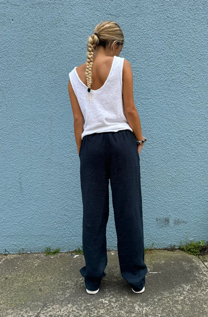 By Basics Straight Linen Pants in Midnight Blue