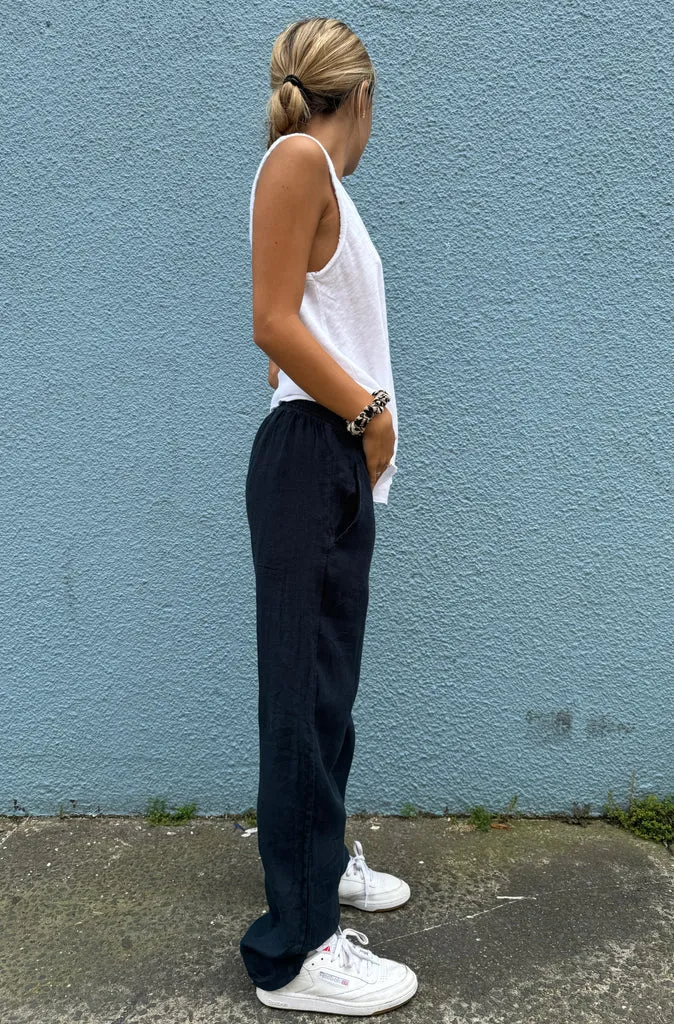 By Basics Straight Linen Pants in Midnight Blue