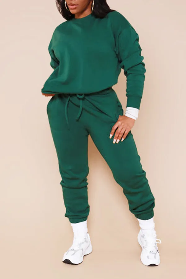 Casual Crew Neck Sweatshirt & Drawstring Pants Set