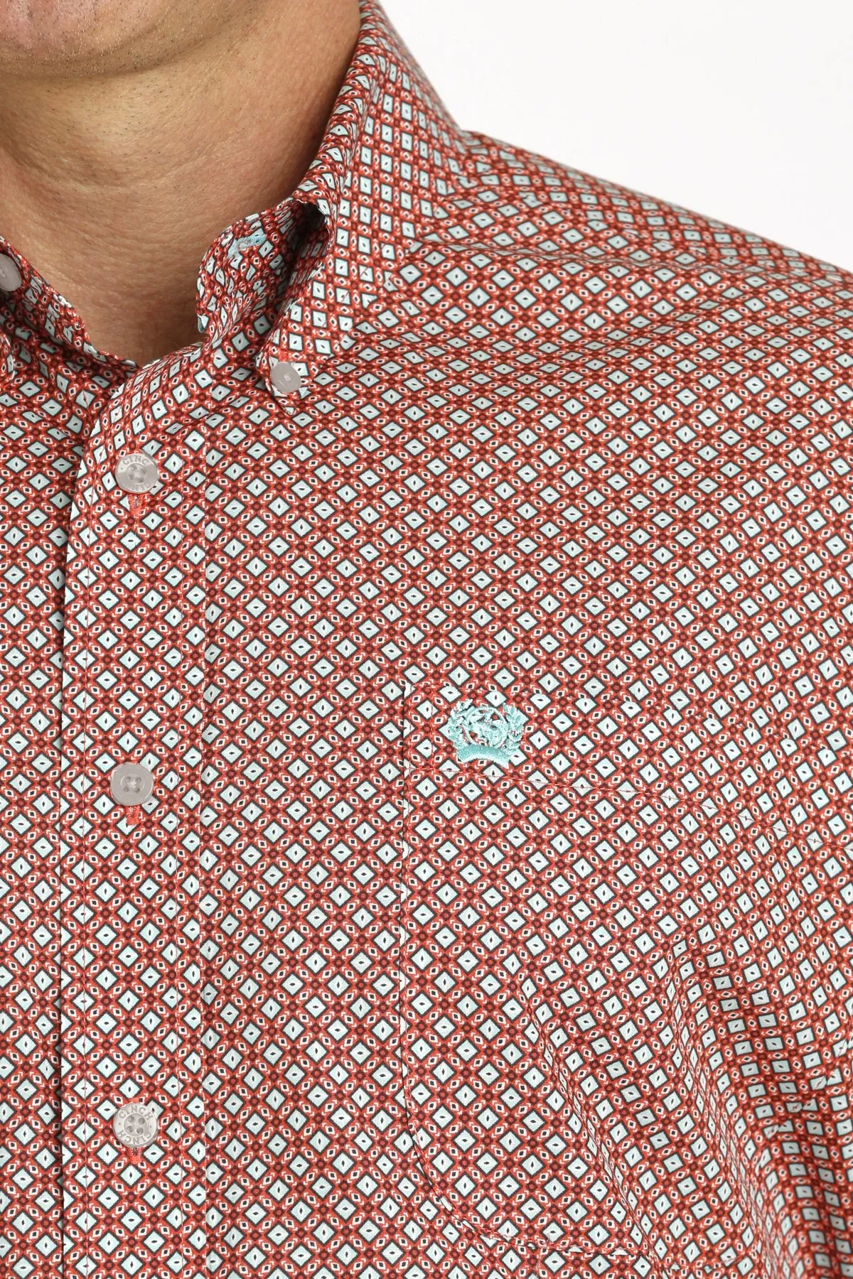 Cinch Mens Geometric Print Button Down Western S/S Shirt - Red/Turquoise - MTW1111456