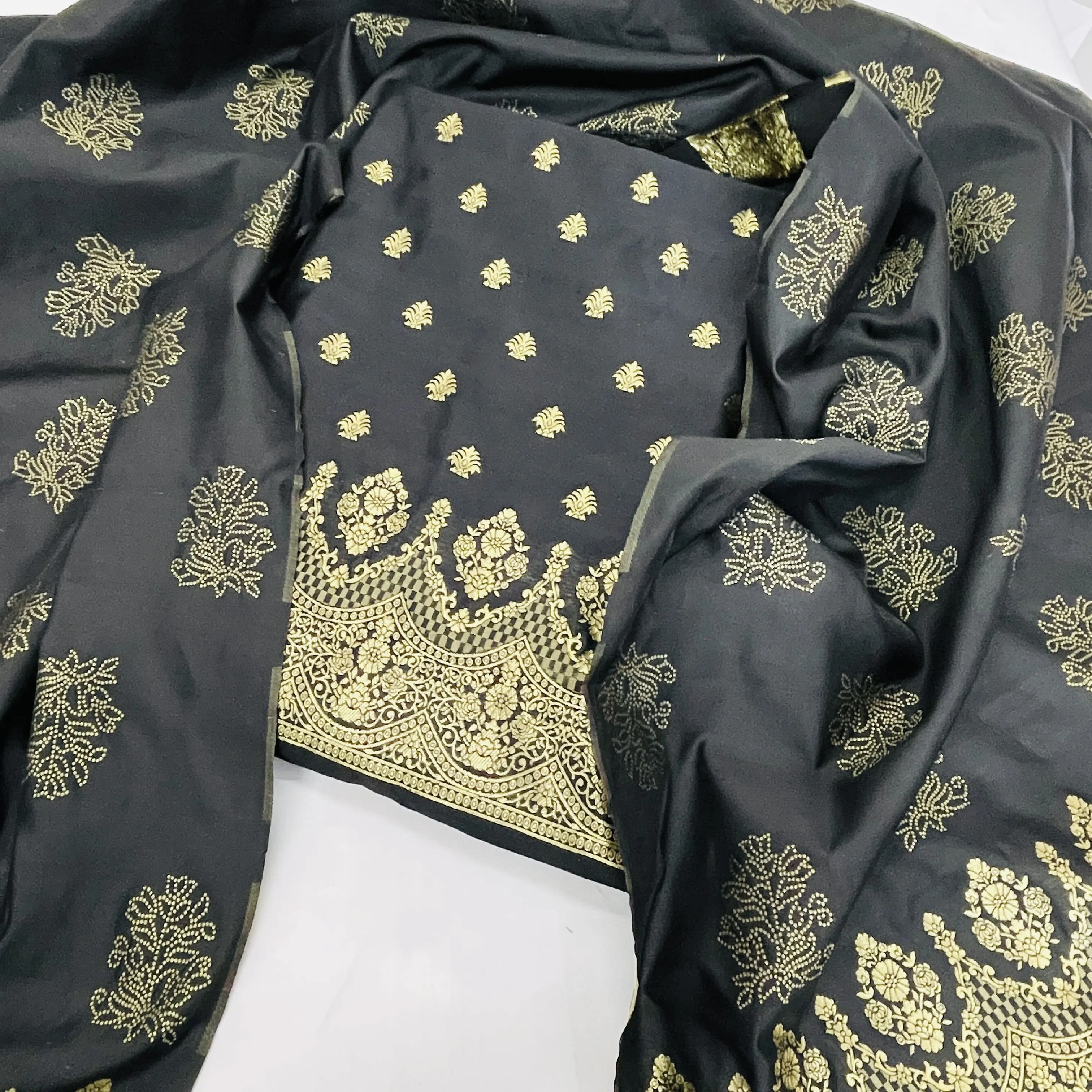 Classic Black Golden Zari  Taffeta Suit Set With Dupatta