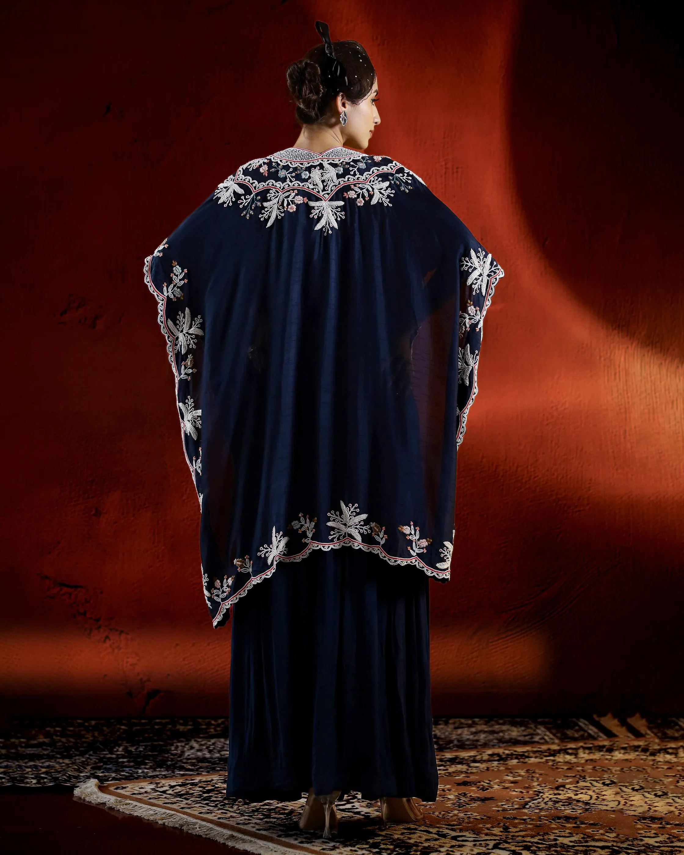 Deep Blue Embellished Raw Silk Palazzo Set