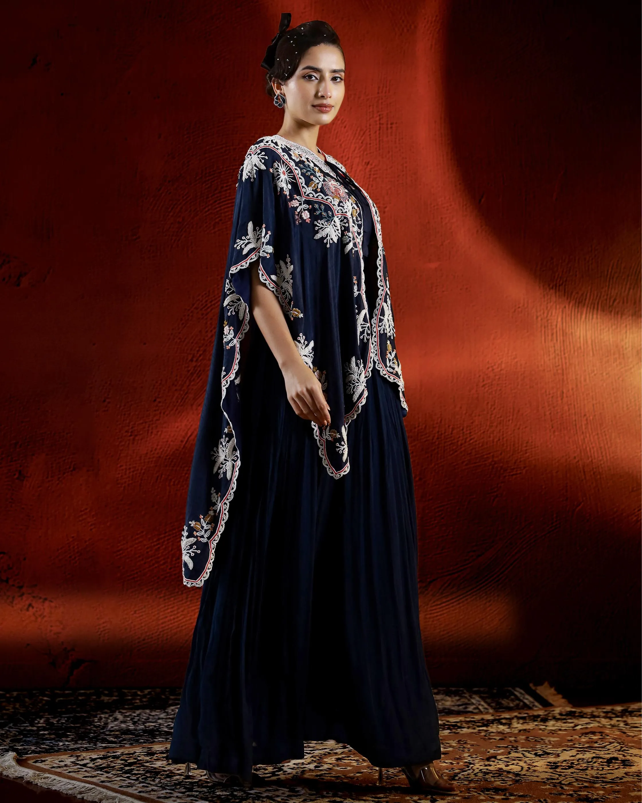 Deep Blue Embellished Raw Silk Palazzo Set