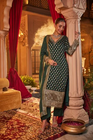 Deep Green Embellished Banarasi Organza Silk Pants Set