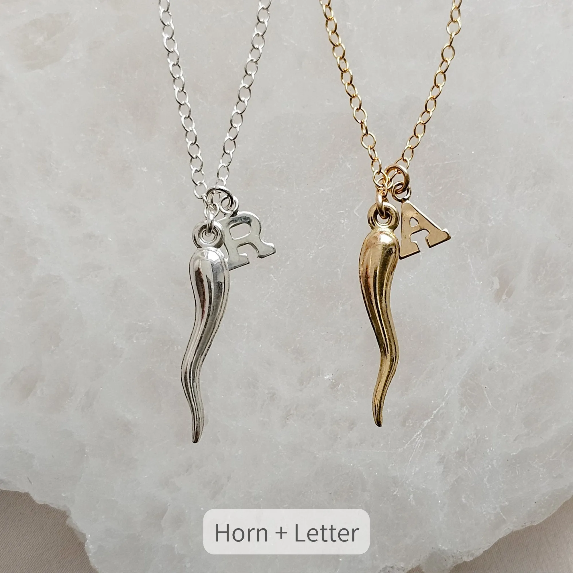 Deluxe Italian Horn Necklace • Mix & Match Initial and Birthstone