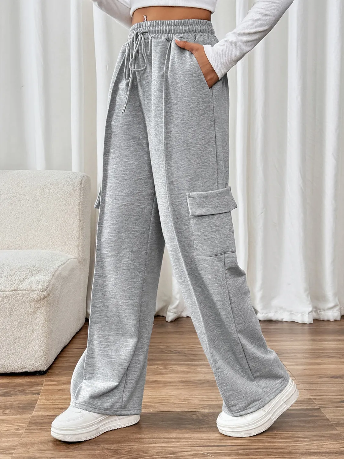 Drawstring Wide Leg Pants with Pockets