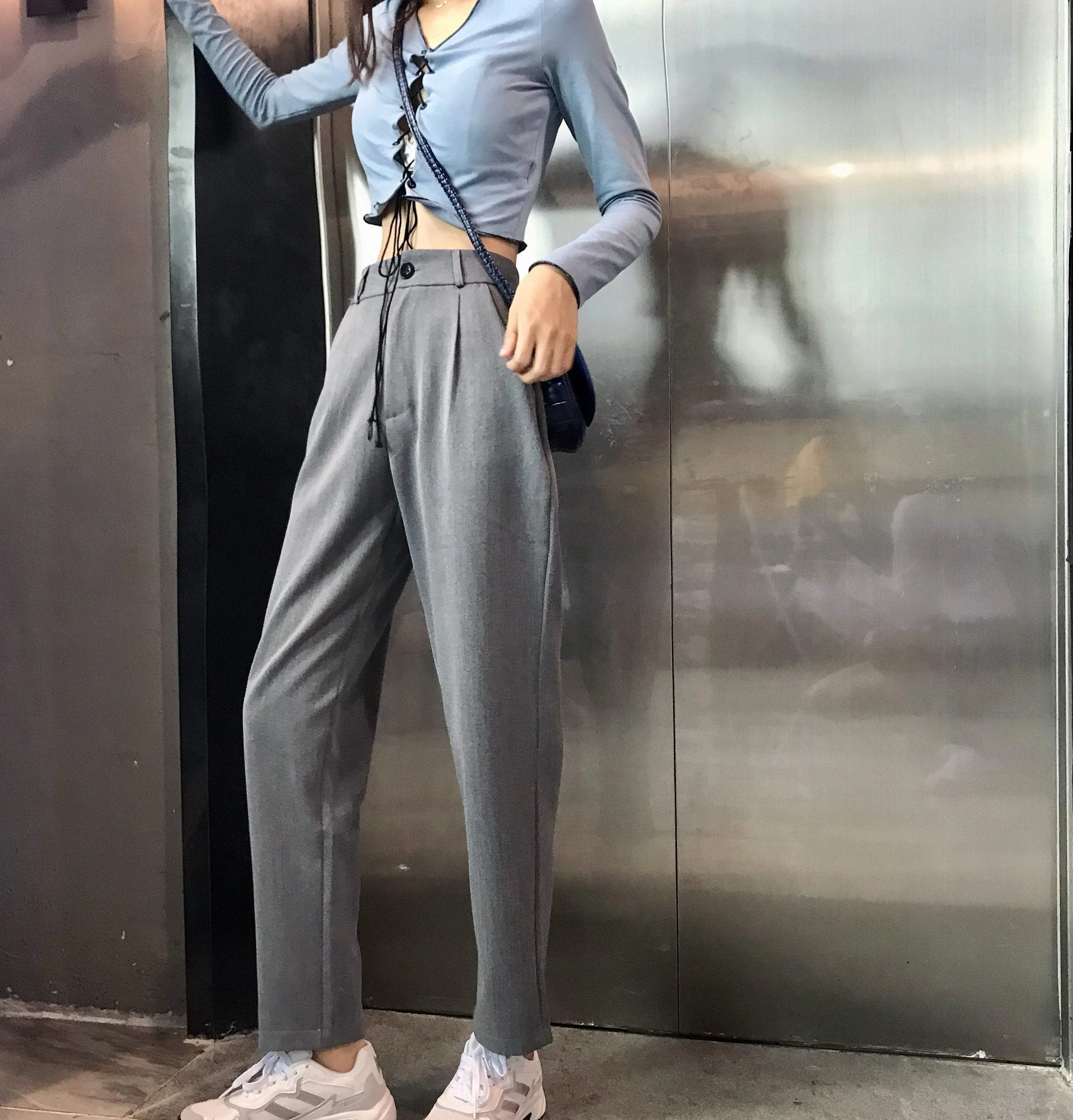 Elegant Casual Gray High Waist Straight Suit Pants