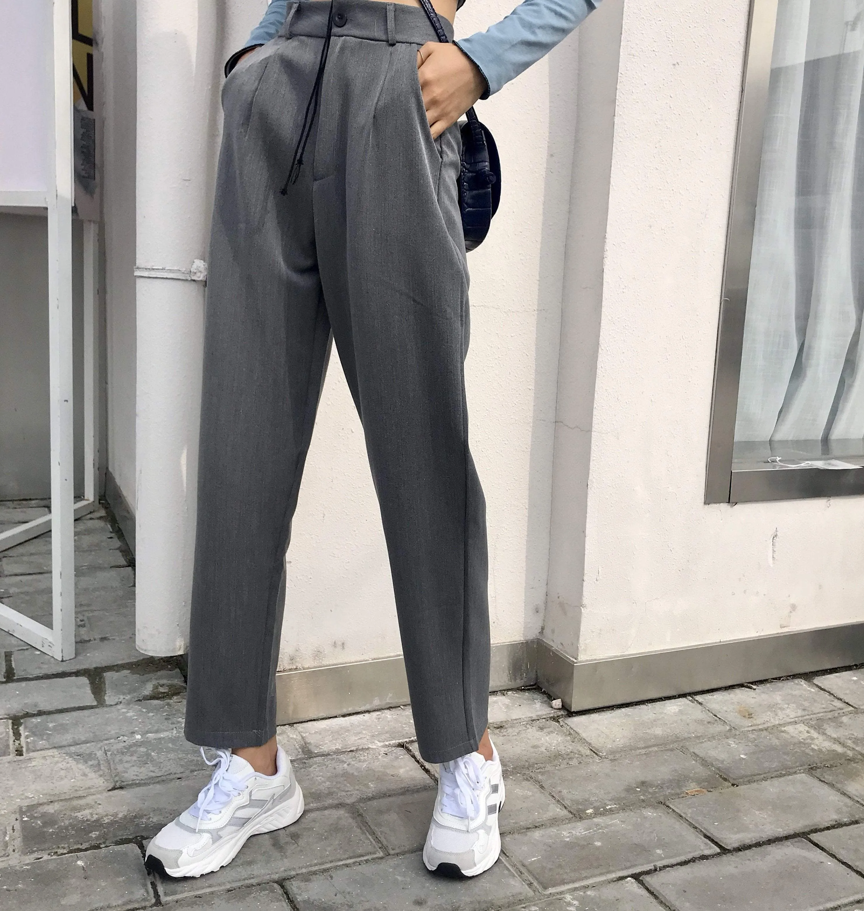 Elegant Casual Gray High Waist Straight Suit Pants