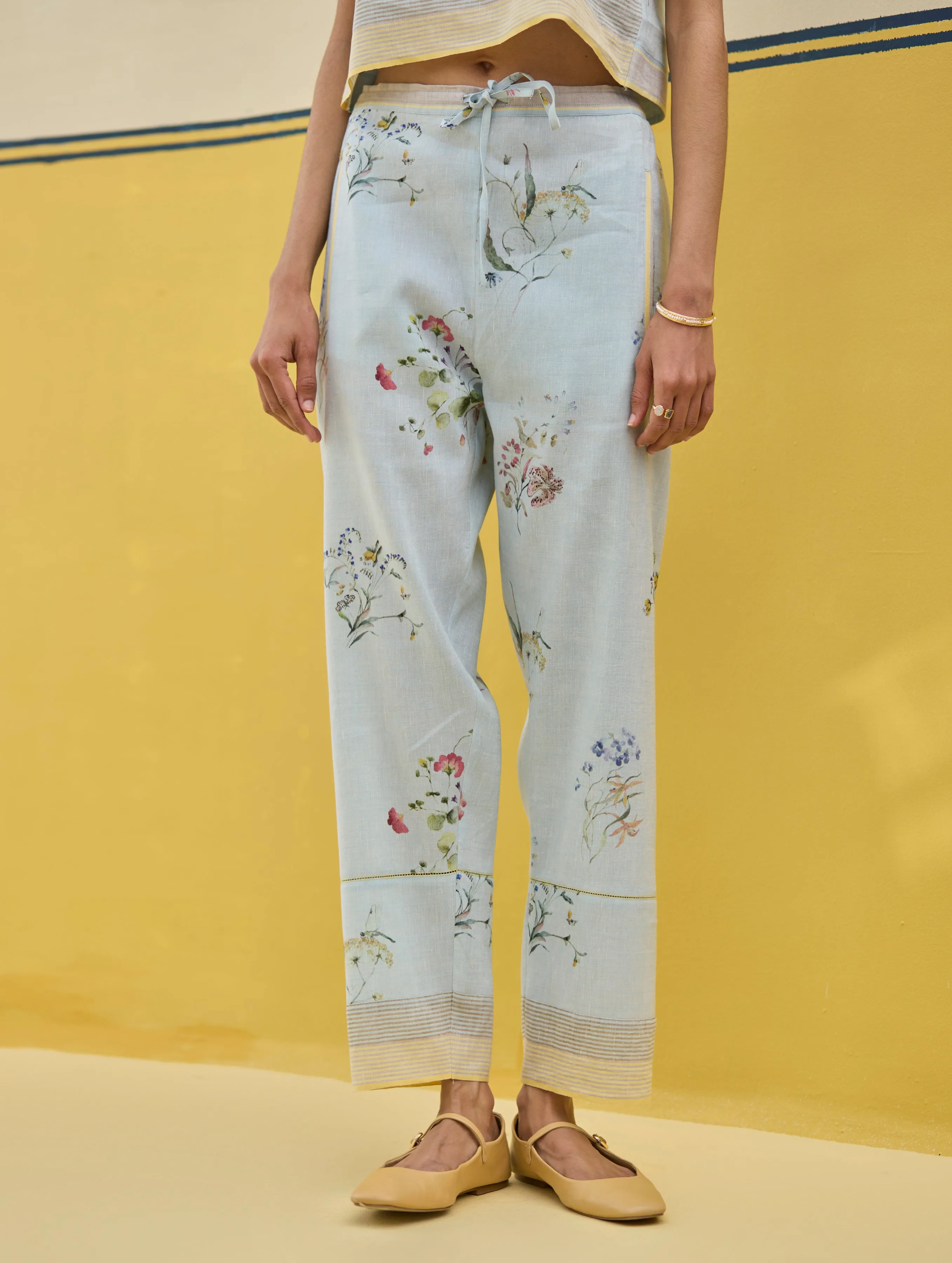 Ema Watercolour Floral Linen Pant - Sky