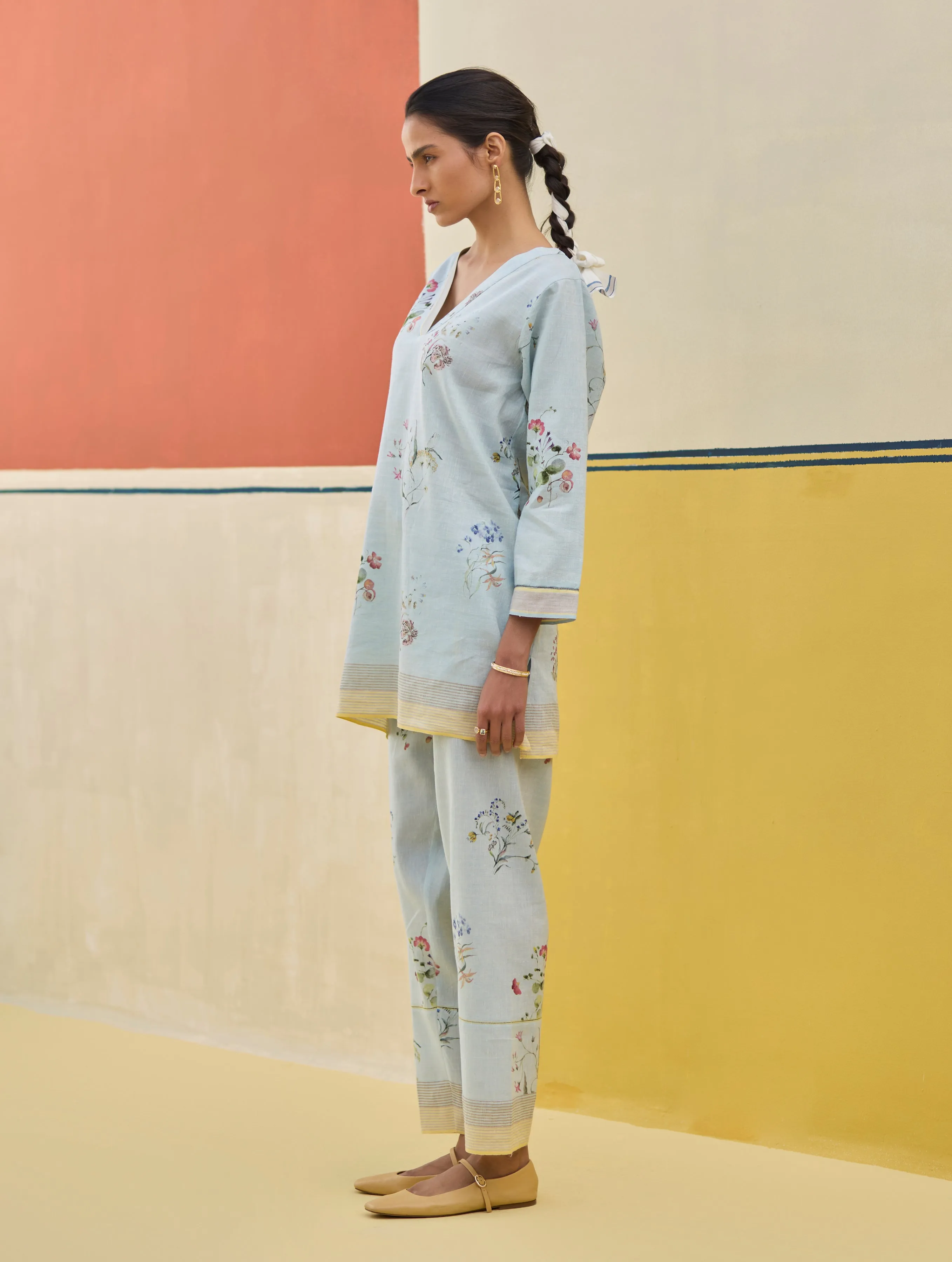 Ema Watercolour Floral Linen Pant - Sky