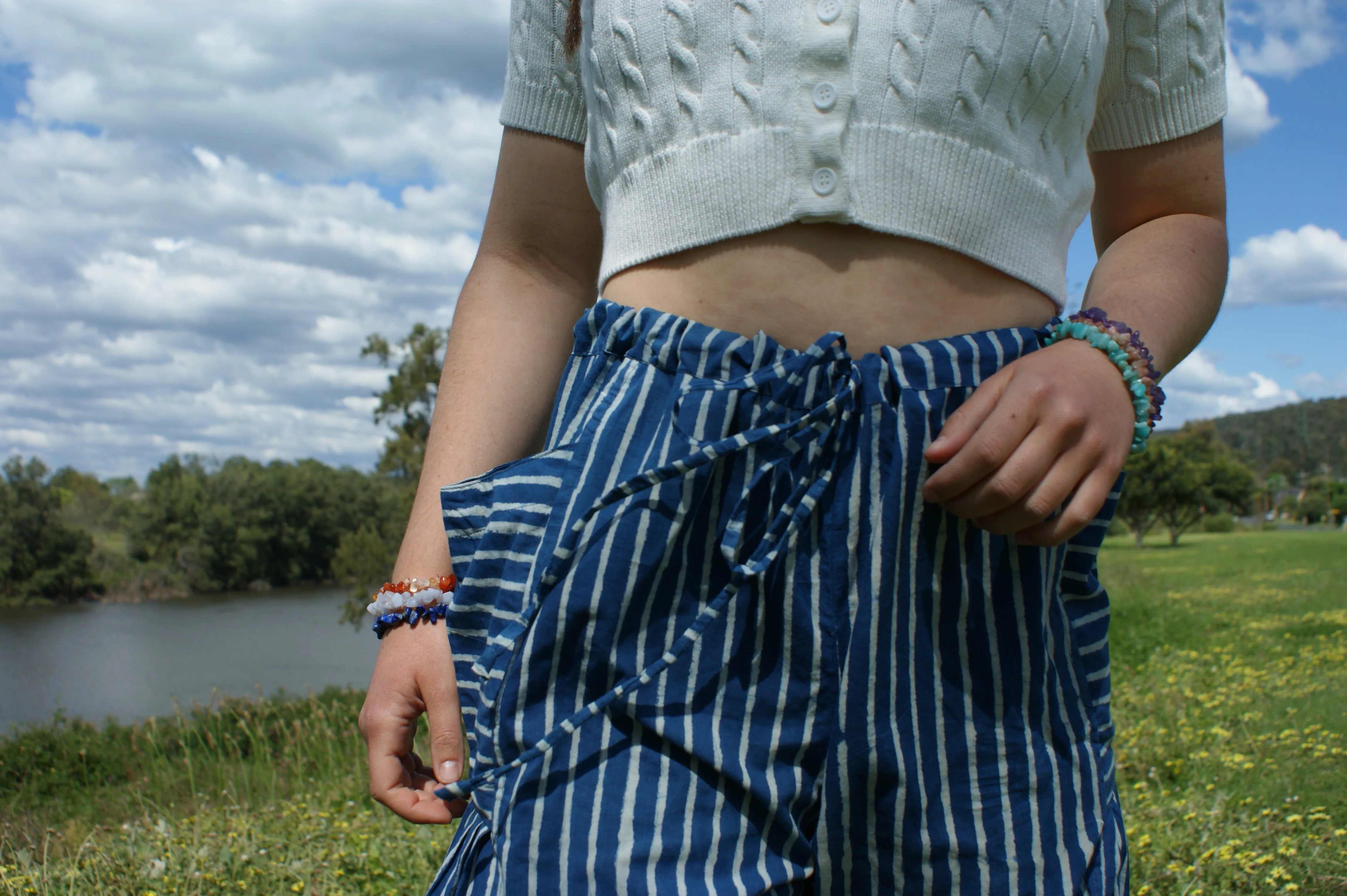 Fair Trade Ethical  Striped Cotton Pants with Pleats - Blue