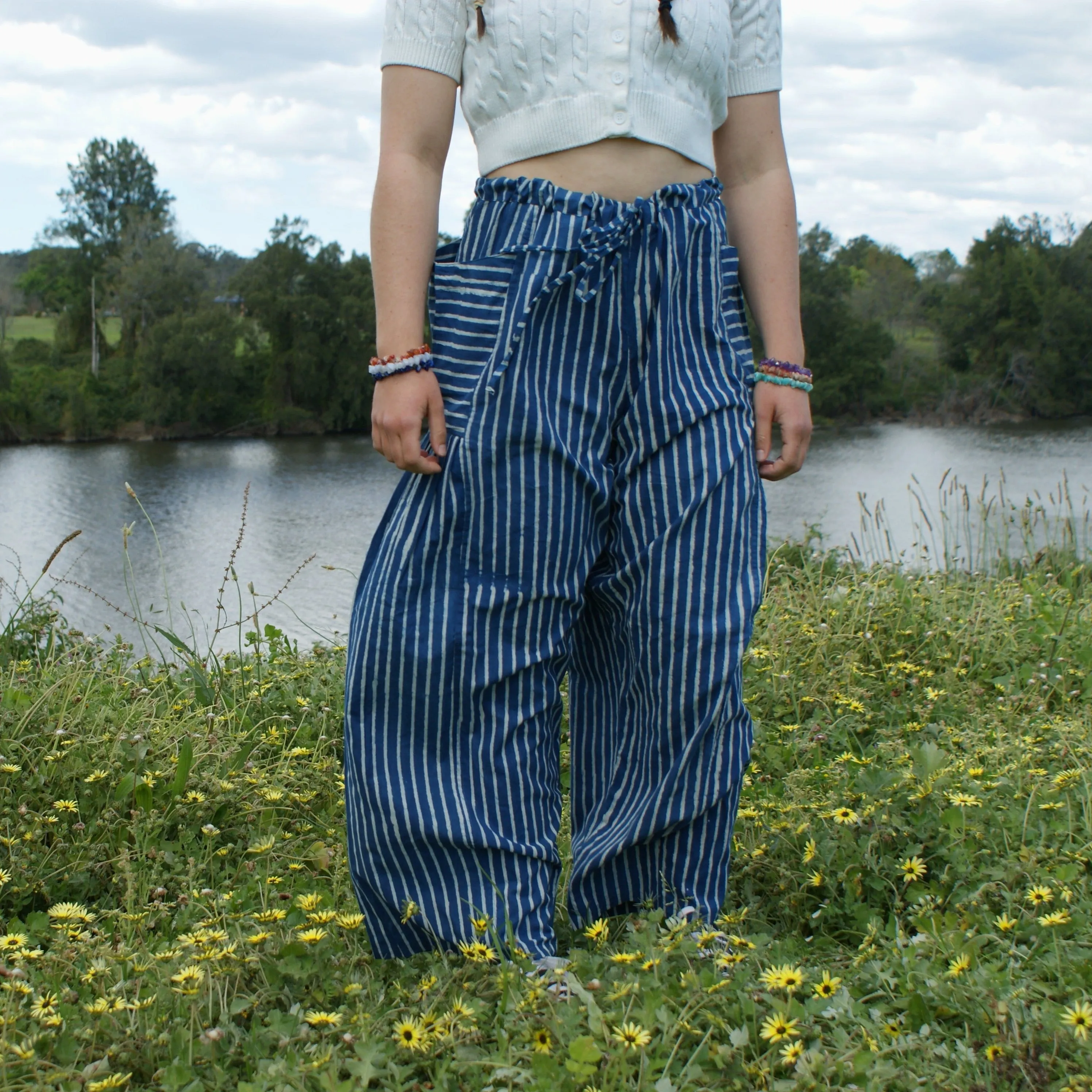 Fair Trade Ethical  Striped Cotton Pants with Pleats - Blue