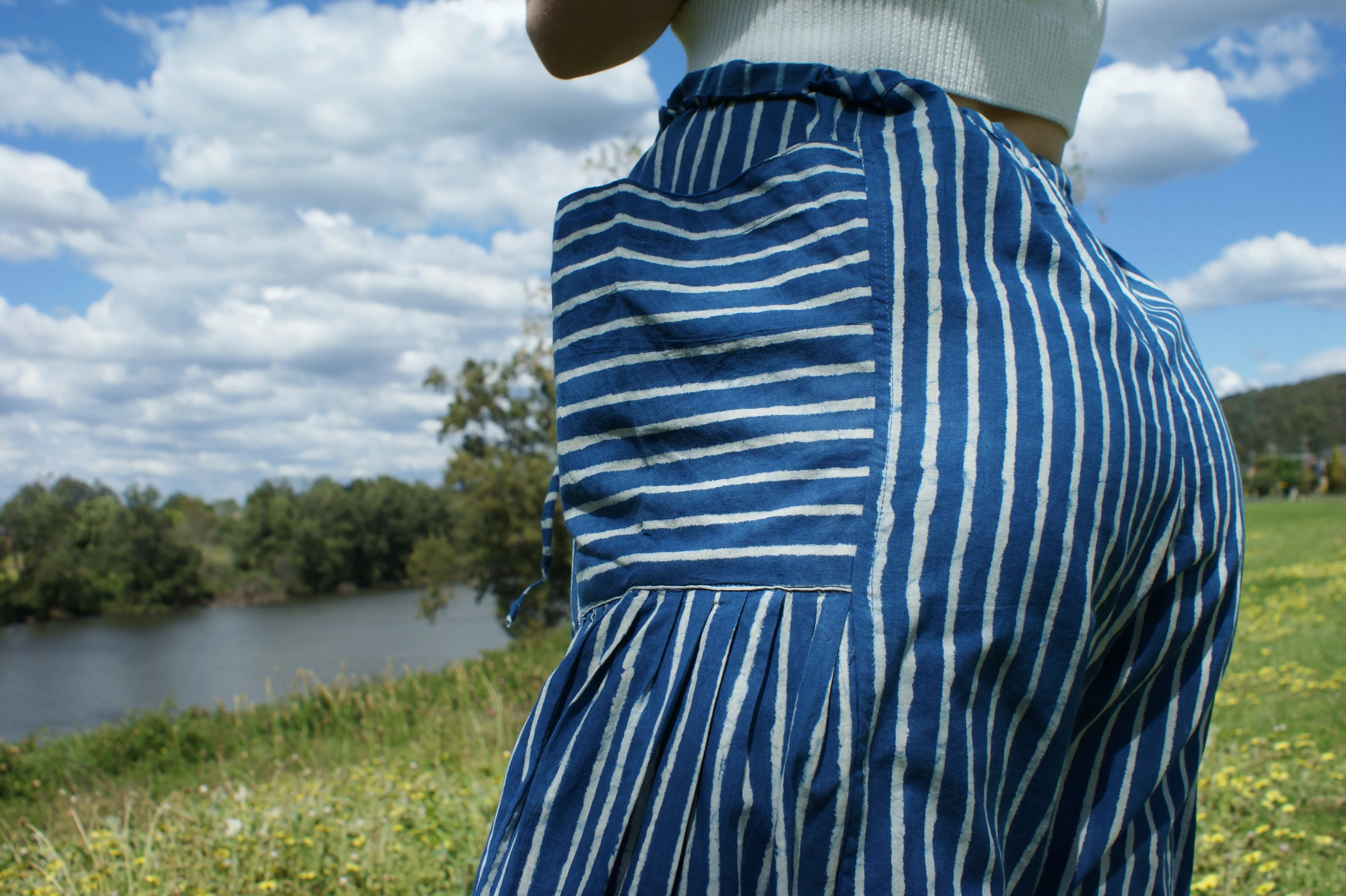 Fair Trade Ethical  Striped Cotton Pants with Pleats - Blue