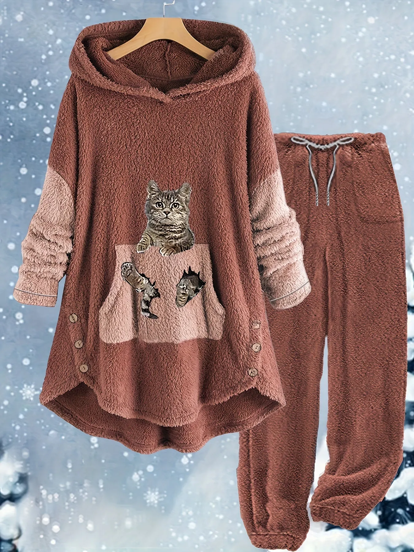 Feline Fashion Plus Size Cat Print Two-Piece Set - Fleece Long Sleeve Hoodie with Button Decor & Matching Pants Ensemble for Casual Comfort