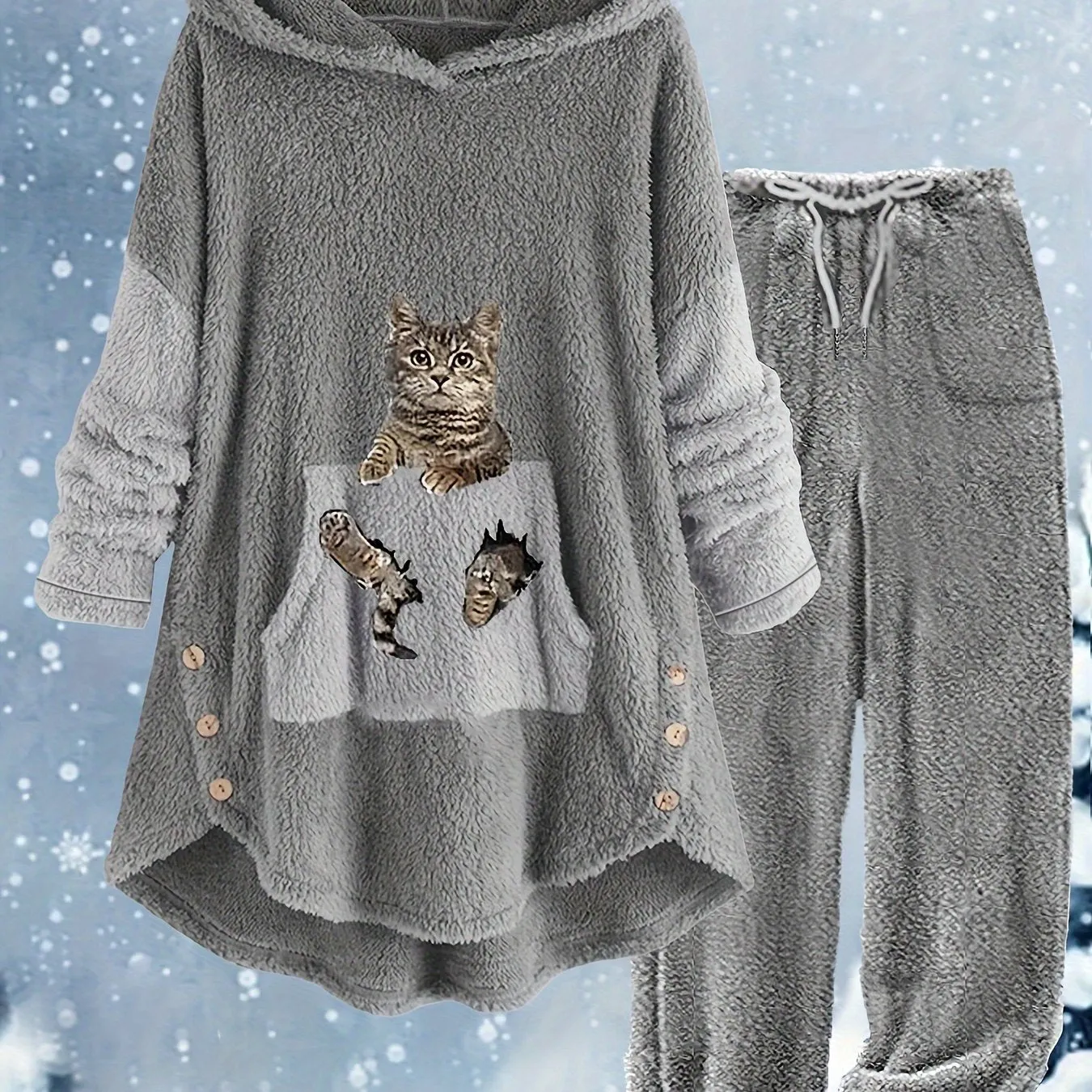 Feline Fashion Plus Size Cat Print Two-Piece Set - Fleece Long Sleeve Hoodie with Button Decor & Matching Pants Ensemble for Casual Comfort