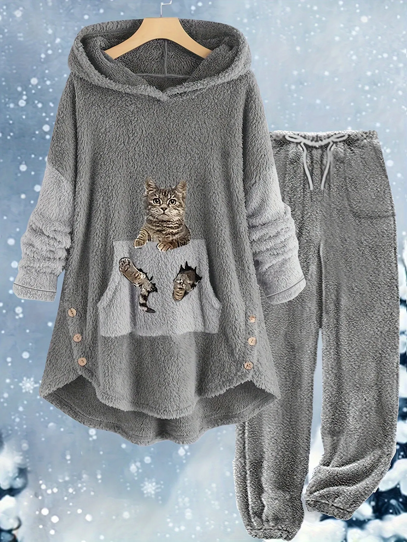 Feline Fashion Plus Size Cat Print Two-Piece Set - Fleece Long Sleeve Hoodie with Button Decor & Matching Pants Ensemble for Casual Comfort