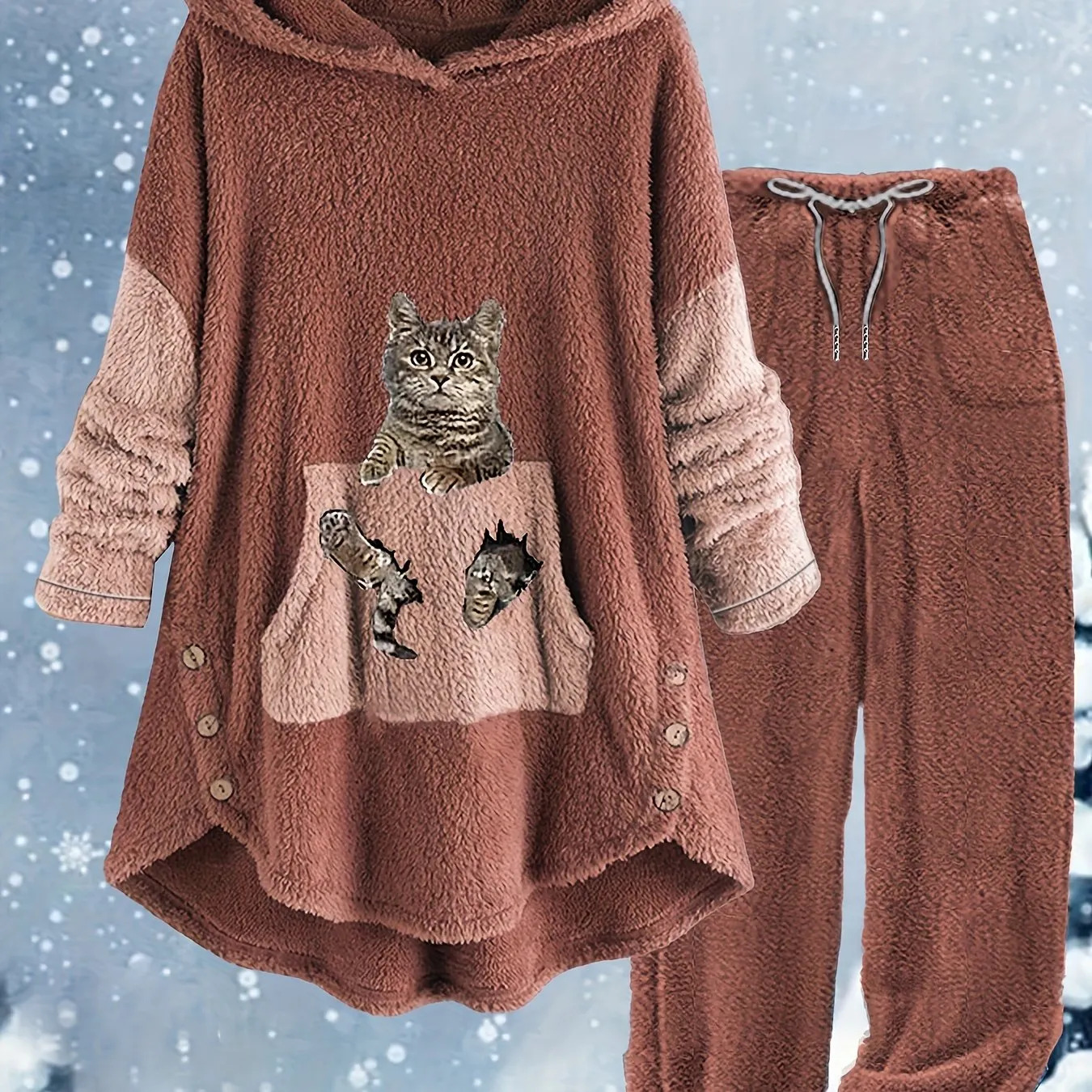 Feline Fashion Plus Size Cat Print Two-Piece Set - Fleece Long Sleeve Hoodie with Button Decor & Matching Pants Ensemble for Casual Comfort