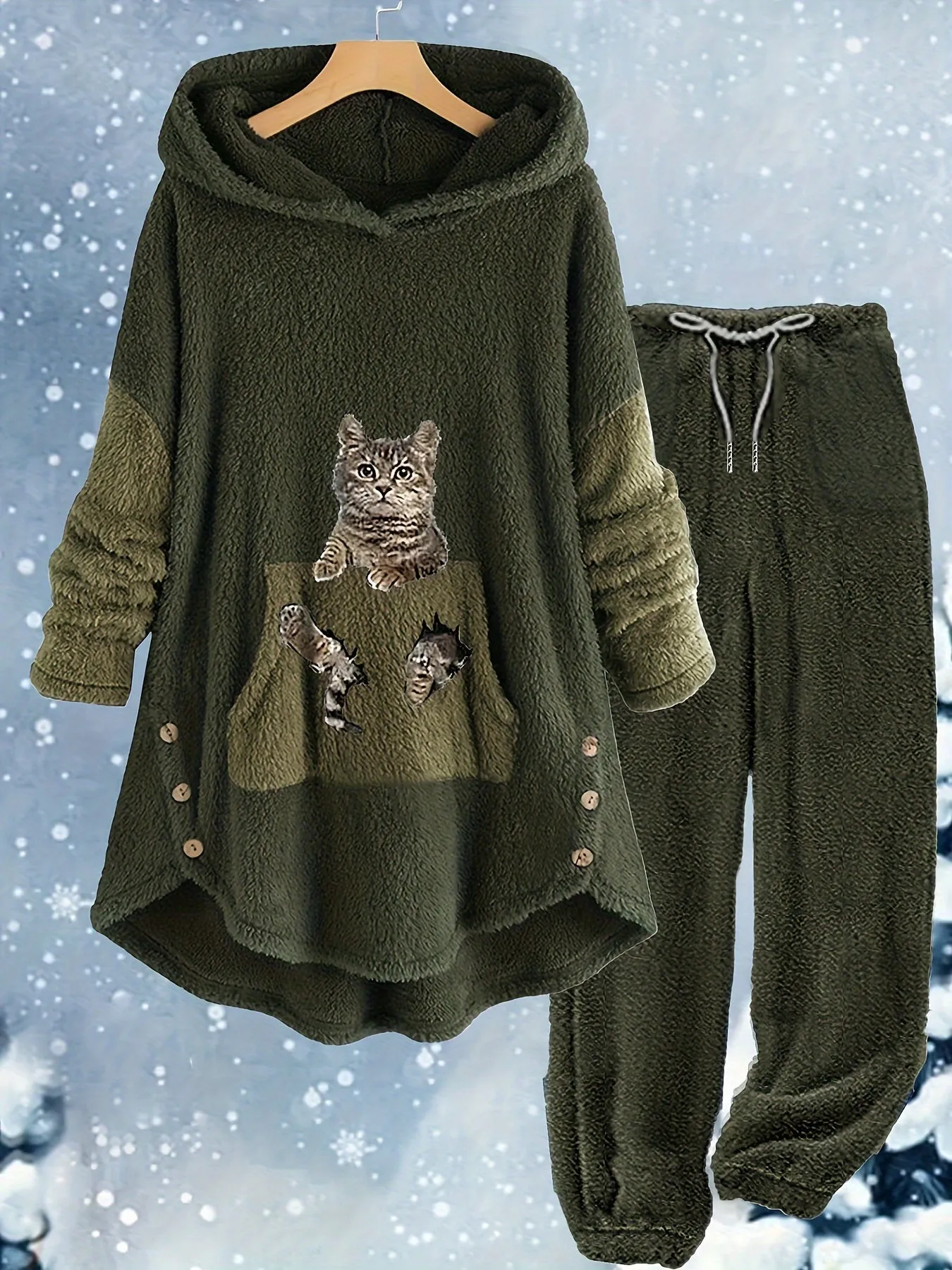 Feline Fashion Plus Size Cat Print Two-Piece Set - Fleece Long Sleeve Hoodie with Button Decor & Matching Pants Ensemble for Casual Comfort