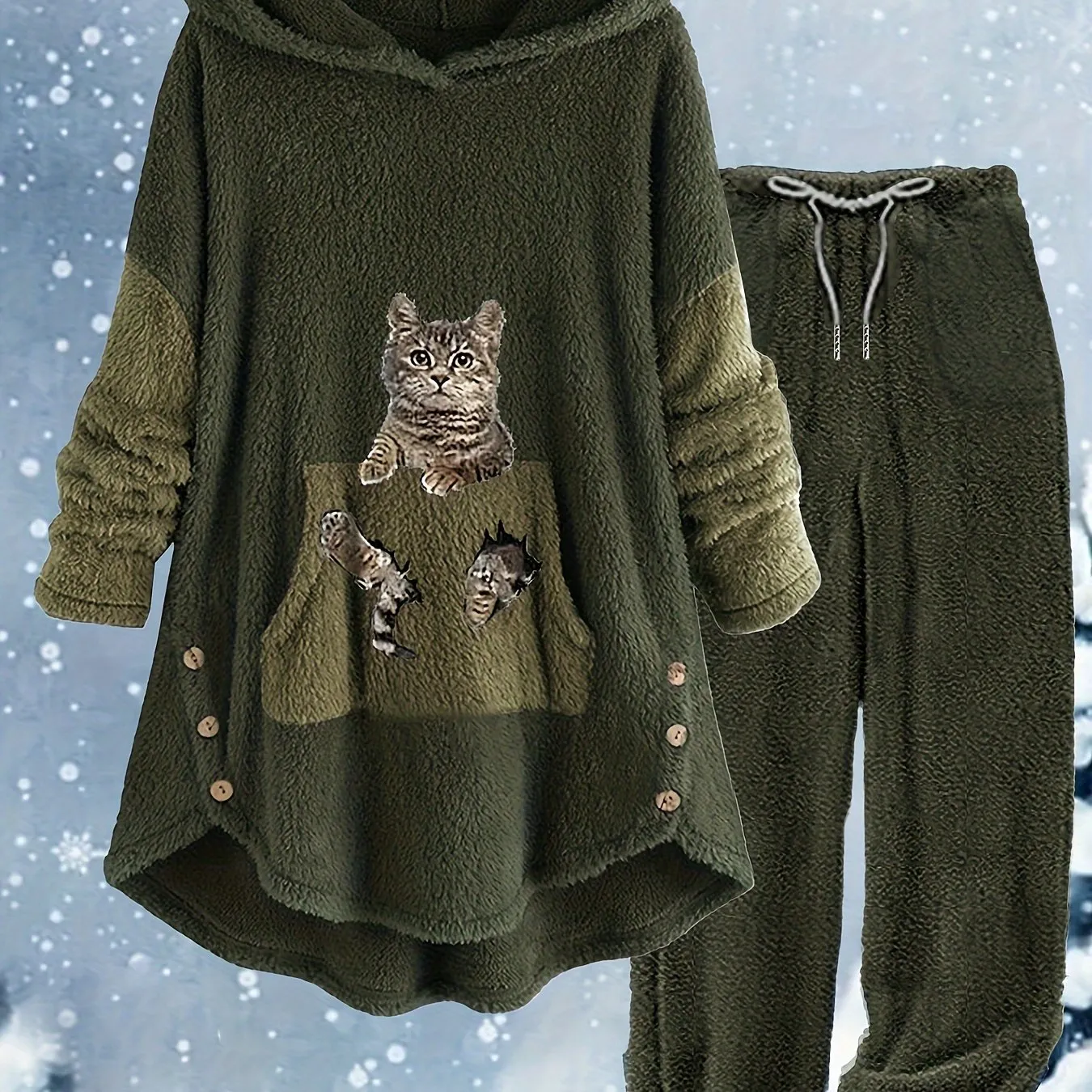 Feline Fashion Plus Size Cat Print Two-Piece Set - Fleece Long Sleeve Hoodie with Button Decor & Matching Pants Ensemble for Casual Comfort