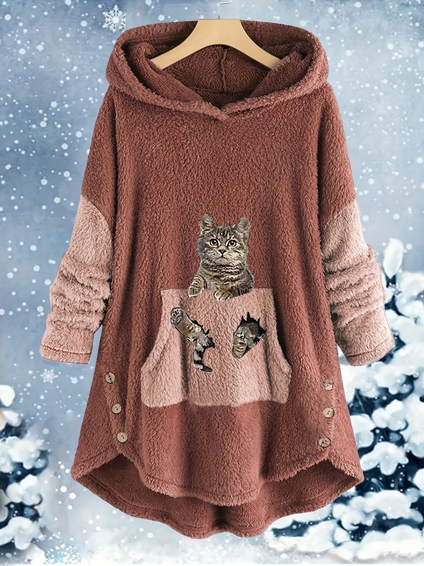 Feline Fashion Plus Size Cat Print Two-Piece Set - Fleece Long Sleeve Hoodie with Button Decor & Matching Pants Ensemble for Casual Comfort