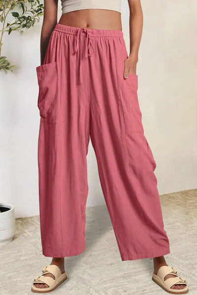 Full Size Pocketed Drawstring Wide Leg Pants