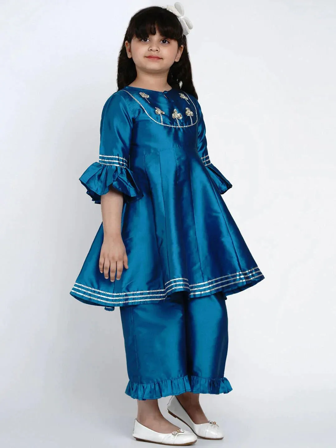 Girls Blue Embroidered Kurta With Palazzos