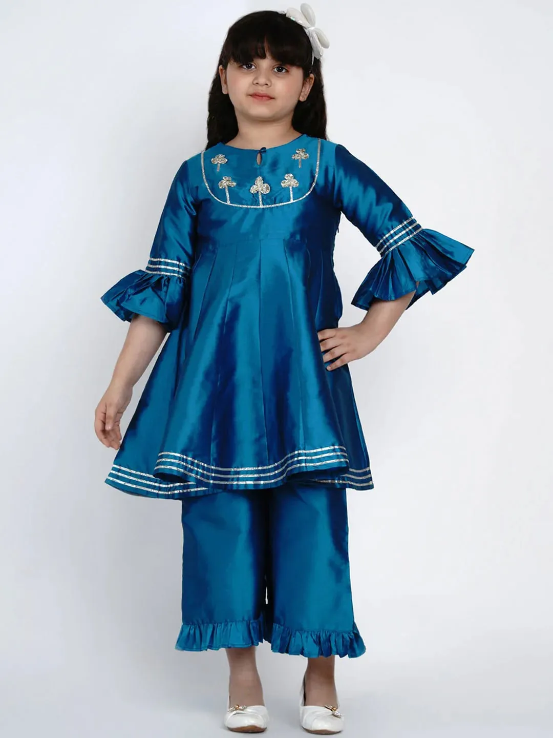 Girls Blue Embroidered Kurta With Palazzos