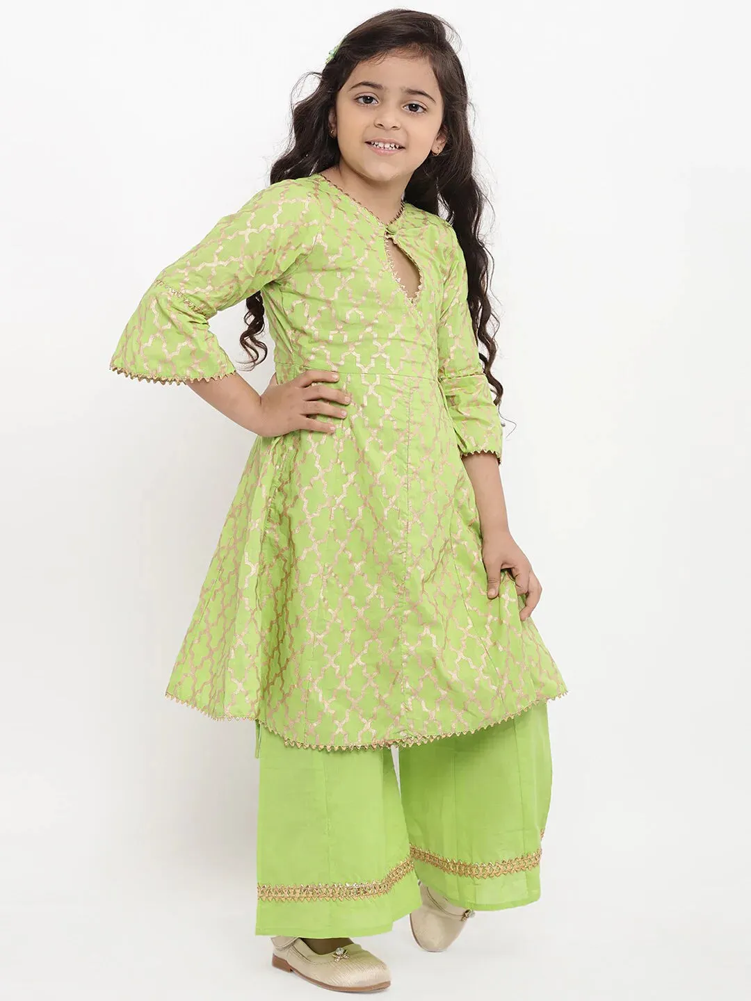 Girls Green Printed Kurta With Palazzos